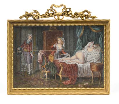 null 212 Late 18th century school The clyster Rectangular miniature on ivory (cracks)....