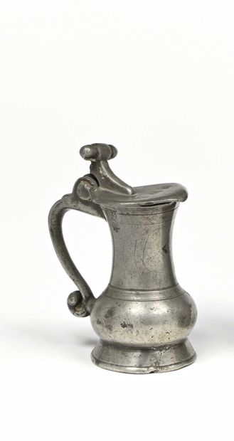 null 156 ROUEN Pewter miniature pitcher called "miserable", poucier with stick, punches...