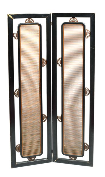 null 
204 Blackened and gilded wood two-leaf screen, partly openwork with striated...