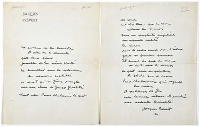 null 58 PRÉVERT Jacques. Typewritten preface-poem signed, dated with a pen-and-ink...