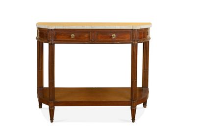 null 258 Mahogany and mahogany veneer console with two drawers. Curved sides. Fluted...