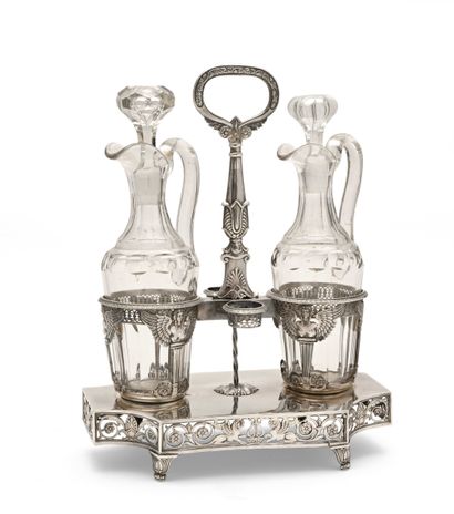 null 132 Rectangular silver oil holder, the base partially openworked with sphinxes...