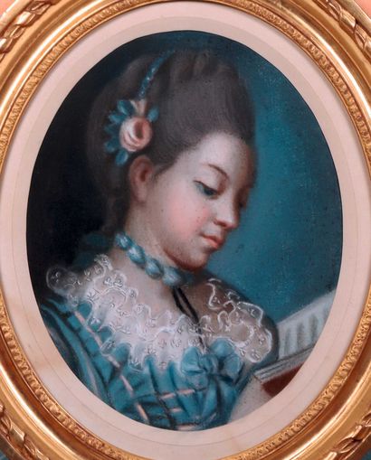 null 3 French school after BOUCHER Young woman reading Oval framed pastel. 38 x 30...