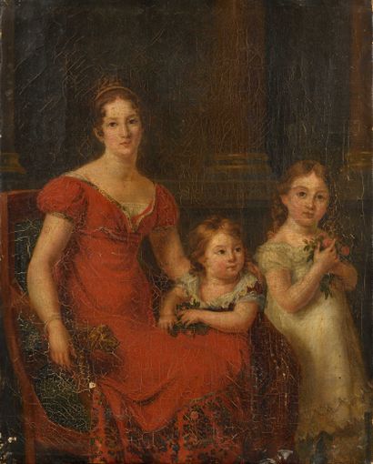 null 25 Ecole du XIXe siècle Portrait de famille Huile sur toile. 27 x 21 cm Petits...