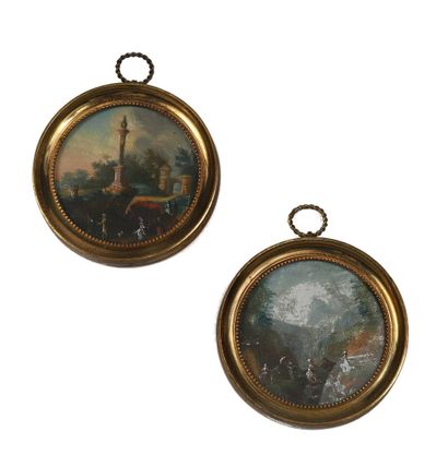 null 217 Two circular miniatures with animated landscapes Late 18th century. D. 5,6...