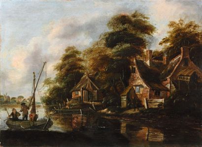 null 12 Cornelis DECKER (1618-1778), attribué à Paysage fluvial avec pêcheurs en...