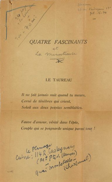 null 52 CHAR René. Quatre fascinants. La Minutieuse. Paris, 1950 ; épreuves de 4...