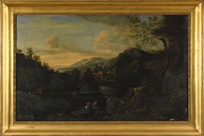 null 13 Roman school, mid 17th century Wooded landscape with river and villagers...