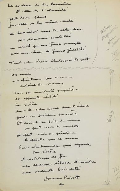 null 58 PRÉVERT Jacques. Typewritten preface-poem signed, dated with a pen-and-ink...