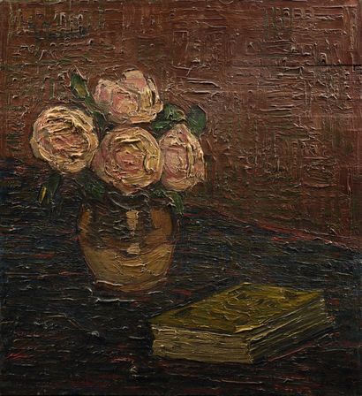 null 38 Modern School Bouquet of flowers with a book Oil on panel. Signed "Vincent"...