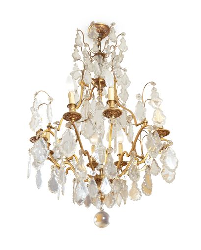 null 266 Gilt bronze cage chandelier with eight lights and crystal ornaments such...