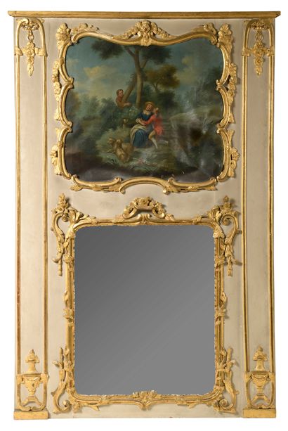 null 251 Lacquered and gilded wood trumeau carved with garlands of flowers and urns,...
