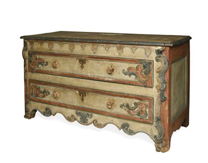 null 225 Carved and relacquered polychrome wood chest of drawers with a front decorated...