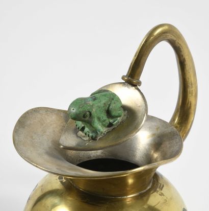 null LOS CASTILLOS, Mexico. Frog pitcher, brass and turquoise. About 1950