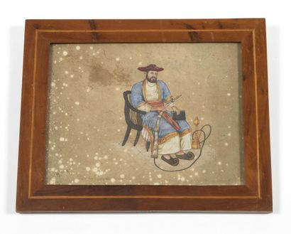 null Persian watercolour "the hookah smoker" India, Kadjar period. 16.5x21.7cm