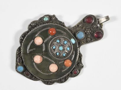 null Silver, green jade, coral and turquoise pendant. Turkey 19th century. Small...