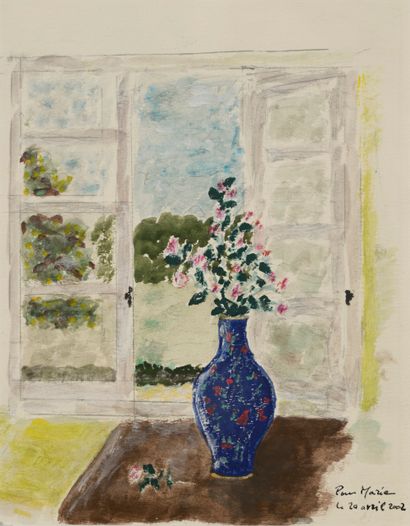 null Two watercolors, study of composition of flowers at the window.