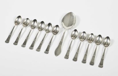 null 11 spoons and 1 serving spoon in silver plated metal. Danish work. Length :...