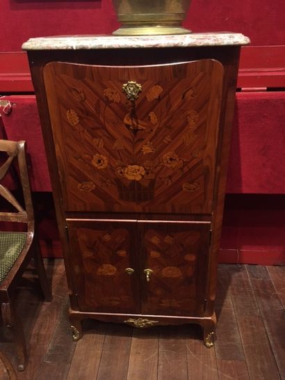 null 
Marquetry secretary with marble top. Transitional style Louis XV - Louis X...
