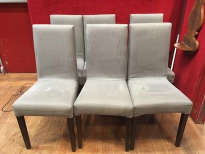 null 
Suite of six modern chairs in wood and grey fabric
