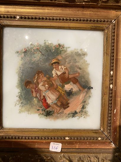 null 
School XXth century Group of children Oil on porcelain 20x20cm In a gilded...