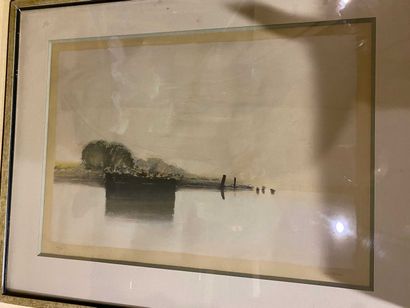 null DOUTRELEAU. Edge of a pond. Lithograph in colors signed and n°122/150