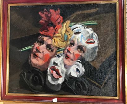 null 60 French school of the XXth century The masks Oil on canvas, signed lower right....