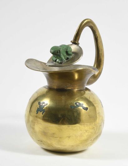 null LOS CASTILLOS, Mexico. Frog pitcher, brass and turquoise. About 1950
