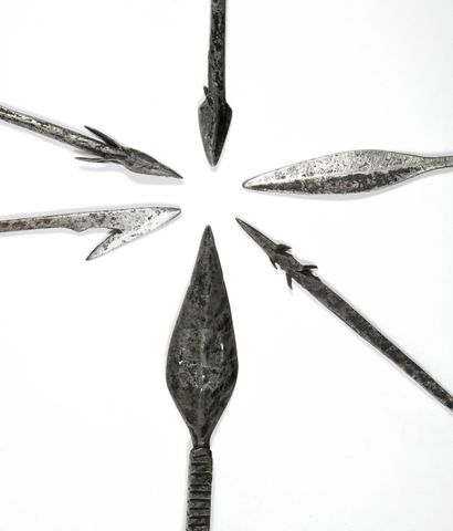 null 214 Six wrought iron arrow heads. African work around 1900 16x25,5cm