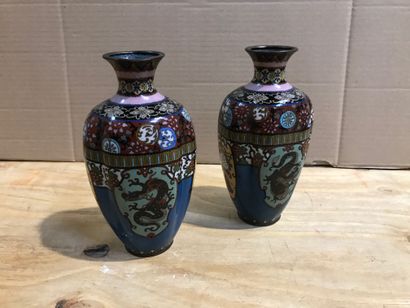 null Pair of cloisonné vases decorated with dragons and flowers in reserves.

Ja...