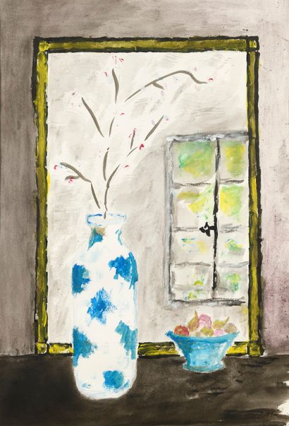 null Two watercolors, study of composition of flowers at the window.