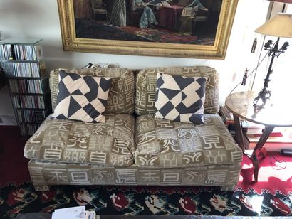 null Two seater sofa covered with beige fabric with Chinese letters pattern. (sold...
