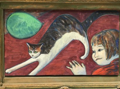 null École moderne La fillette et le chat au ballon vert Huile sur toile 28 x 46...