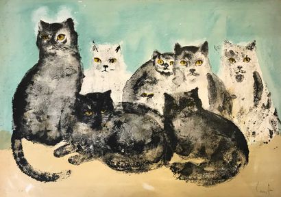 null Leonor FINI (1907 - 1996) Les chats Lithographie en couleurs Signée en bas à...