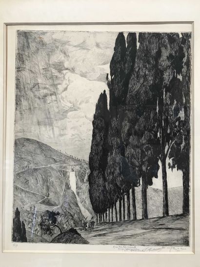 null Raymond BRECHENMACHER Landscape with cypresses Engraving in black signed at...