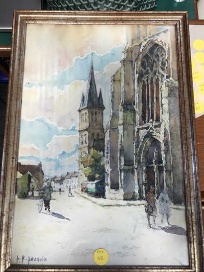 null The church square, watercolor, signed lower left, 52x35cm [LOT STOCKE CHEZ ESI,...