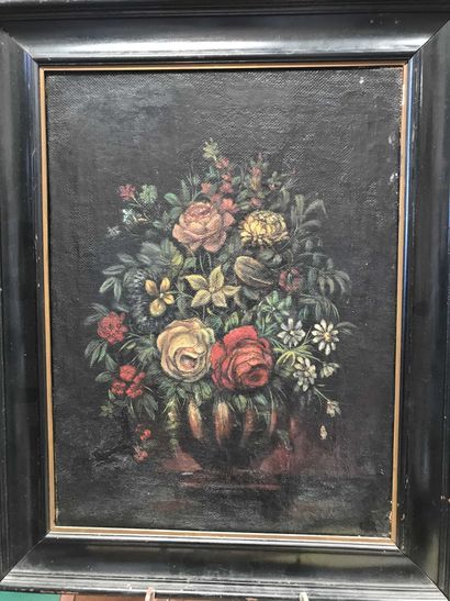 null Toile du XIXème siècle Bouquet de fleurs Huile sur carton toilé 61x45cm [LOT...
