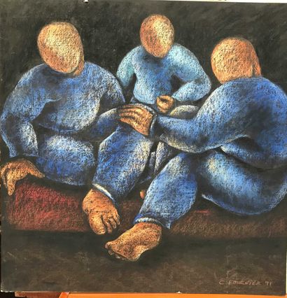 null Three seated men Pastel on paper Signed lower left C.Fournier 91 77,5x77,5cm...