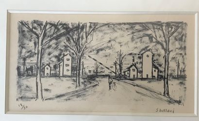 null J SAUSSAC

View of a city with an alley of trees 

Lithograph numbered lower...