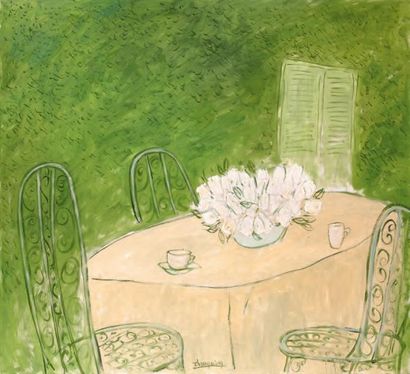 Zhong MING (XXe siècle) La table au bouquet blanc Huile sur toile, signée en bas...