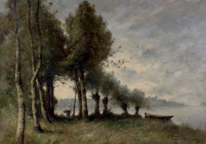 Paul Désiré TROUILLEBERT (1829-1900) Paysage lacustre avec barque et paysanne Huile...