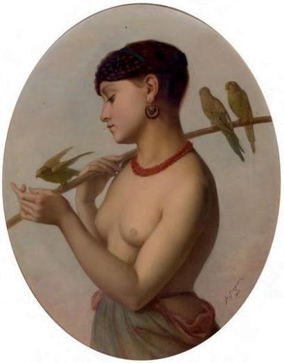 A. MAZERAN, école du XIXe siècle Jeune femme aux perruches Huile sur toile à vue...