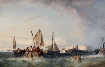 Eugène Modeste Edmond LE POITTEVIN (1806-1870) Bateaux rentrant au port Huile sur...