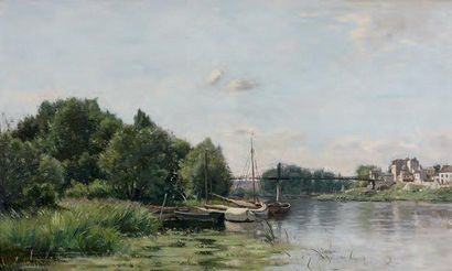 Adrien SAUZAY (1841-1928) Paysage à la mare Huile sur panneau d'acajou, signé en...