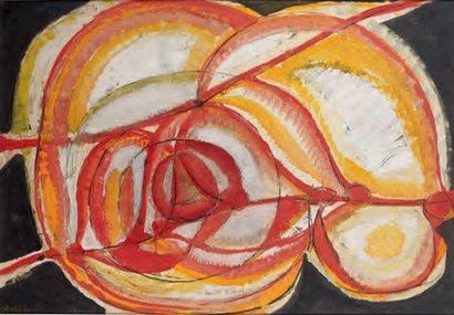 Gustave BOLIN (1920-1999) Tantrique rouge et jaune Gouache marouflée sur toile, signée...