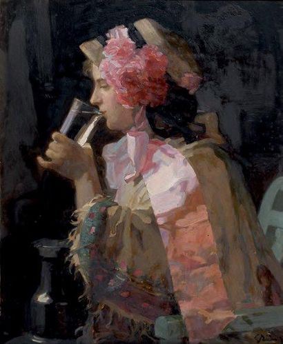Jean Alexandre GRUN (1868-1934) Le verre d'eau Huile sur toile, signée en bas à ...