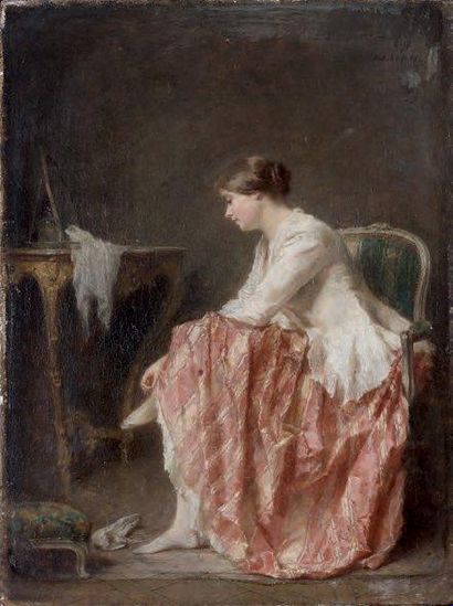 Antoine Emile PLASSAN (1817-1903) Jeune femme délaçant ses chaussures Huile sur panneau,...