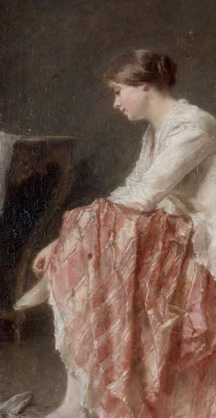 Antoine Emile PLASSAN (1817-1903) Jeune femme délaçant ses chaussures Huile sur panneau,...