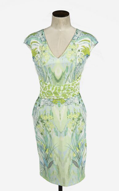 null ROBERTO CAVALLI : robe sans manche en viscose à décor stylisé de fleurs vertes...