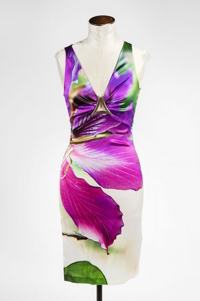 null ROBERTO CAVALLI : robe de soirée en soie à décor d'une orchidée rose sur fond...